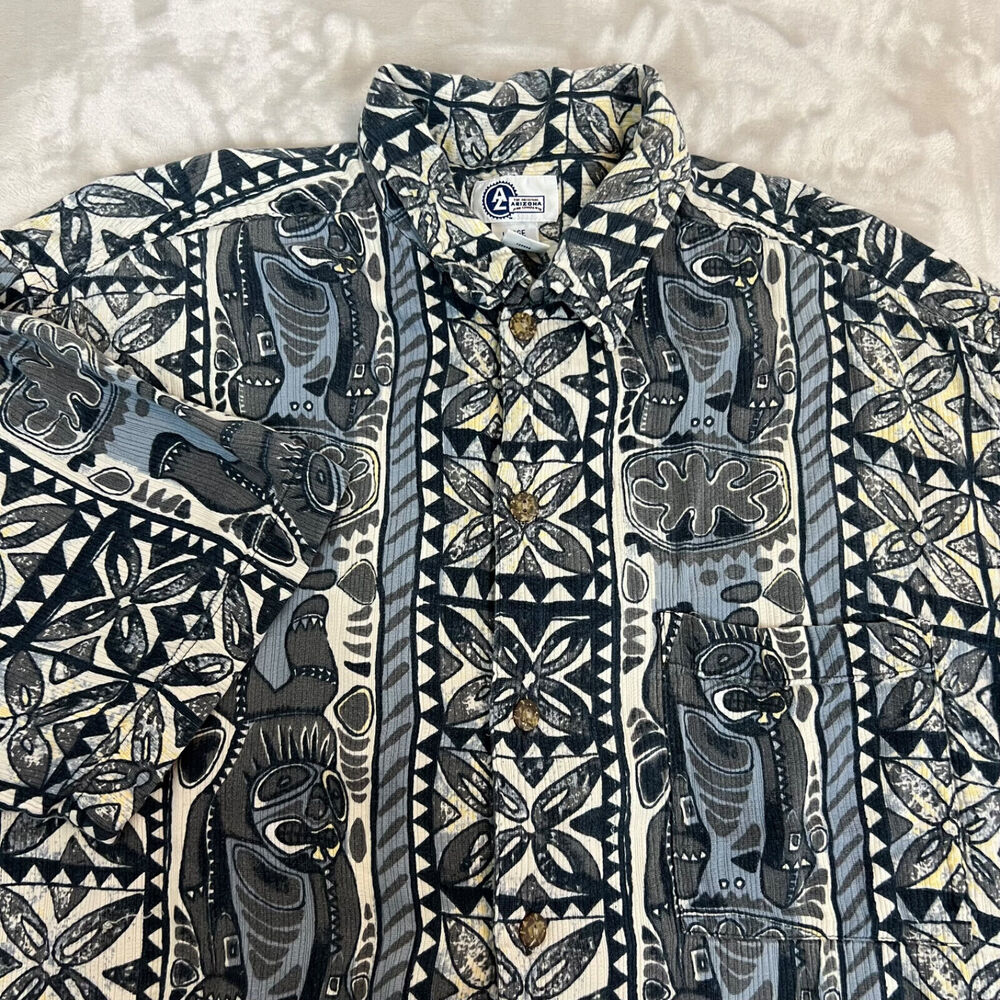 VTG Tropical Shirt Mens Large Blue Hawaiian Button Front Vacation‎ 90s Resort